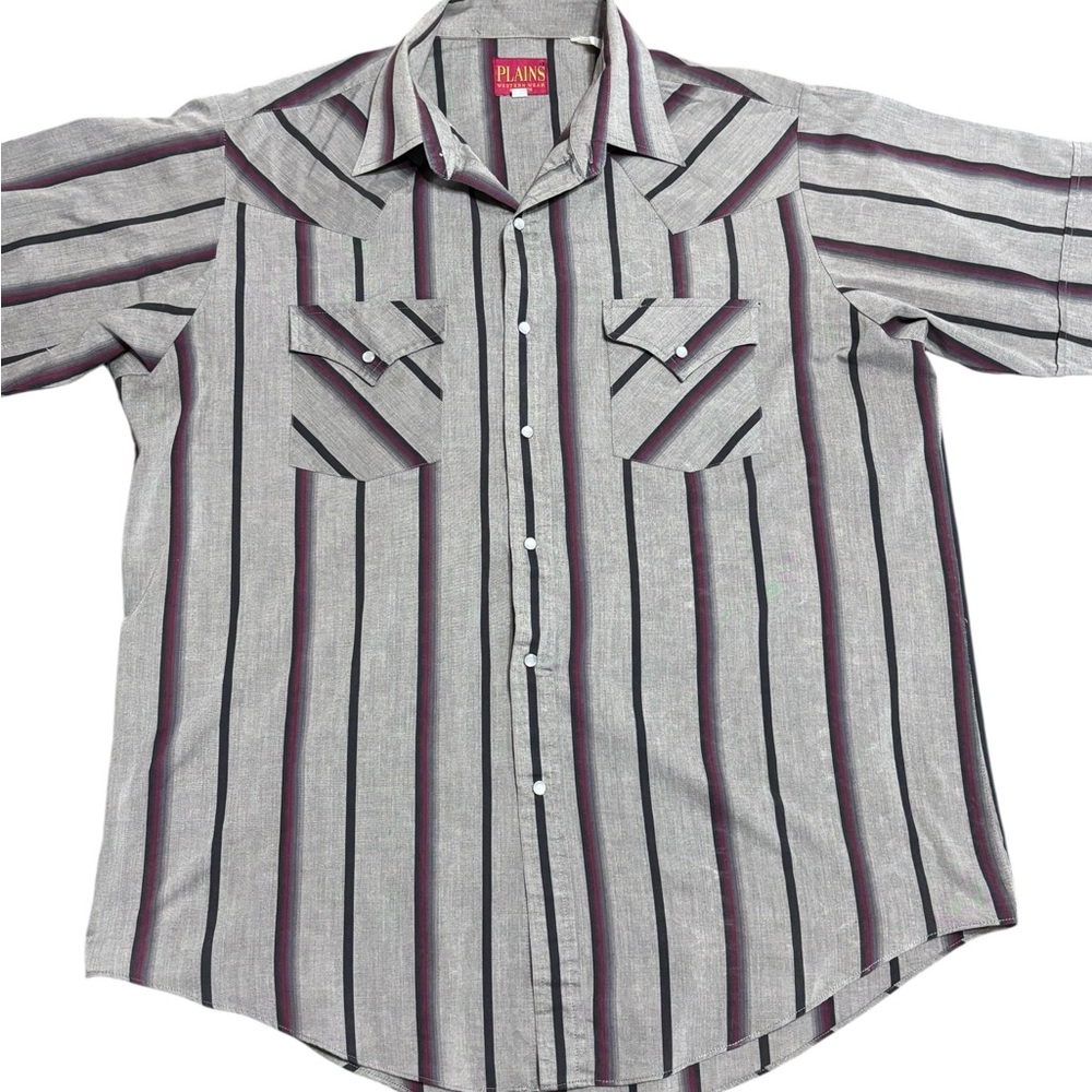 Plains Western Wear Pearl Snap Shirt Mens L Gray Burgundy Stripe Cowboy Western